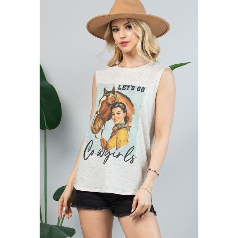 Avery Western Vintage Vintage Girl Cowgirl Shirt Beige Sleeveless